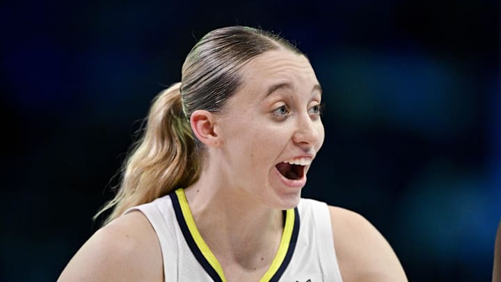 Sep 11, 2025; Arlington, Texas, USA; Dallas Wings guard Paige Bueckers (5) celebrates during the second half against the Phoenix Mercury at College Park Center. Mandatory Credit: Jerome Miron-Imagn Images