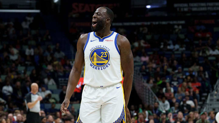 Nov 16, 2025; New Orleans, Louisiana, USA; Golden State Warriors forward Draymond Green (23) shouts “Angel Reese” after missing several shots in a row and rebounding them himself during the first half against the New Orleans Pelicans at Smoothie King Center. Mandatory Credit: Matthew Hinton-Imagn Images