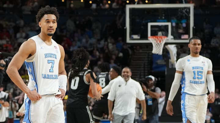 Mar 19, 2026; Greenville, SC, USA; North Carolina Tar Heels guard Seth Trimble (7) reacts after losing to the VCU Rams in overtime of a first round game of the men's 2026 NCAA Tournament at Bon Secours Wellness Arena. Mandatory Credit: Bob Donnan-Imagn Images
