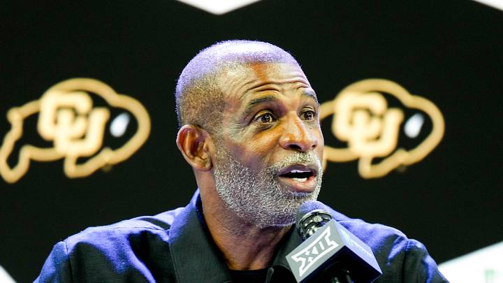Jul 7, 2026; Frisco, TX, USA;  Colorado head coach Deion Sanders speaks to reporters during Big 12 Conference Football Media Days at The Star. 