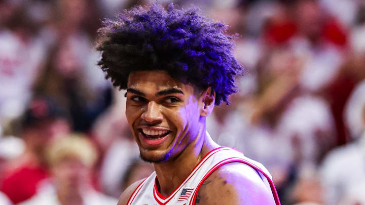 Feb 28, 2026; Tucson, Arizona, USA; Arizona Wildcats forward Koa Peat (10) celebrates during the first half of the game against the Kansas Jayhawks at McKale Memorial Center. Mandatory Credit: Aryanna Frank-Imagn Images