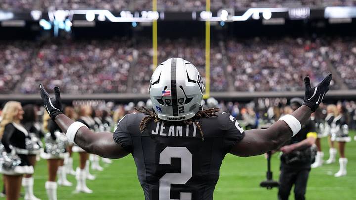 Dec 28, 2025; Paradise, Nevada, USA; Las Vegas Raiders running back Ashton Jeanty (2) enters the field before the game against the New York Giants at Allegiant Stadium. Mandatory Credit: Kirby Lee-Imagn Images