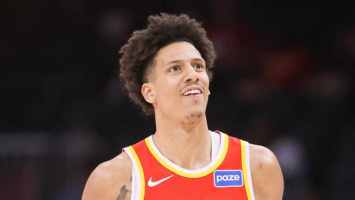 Atlanta Hawks forward Jalen Johnson (1) reacts after a shot against the Milwaukee Bucks in the first quarter at State Farm Arena, Mar 14, 2026.