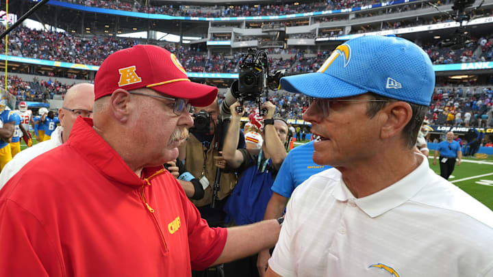 Sep 29, 2024; Inglewood, California, USA; Kansas City Chiefs coach Andy Reid shakes hands with Los Angeles Chargers coach Jim Harbaugh after the game at SoFi Stadium. Mandatory Credit: Kirby Lee-Imagn Images Sep 29, 2024; Inglewood, California, USA; Kansas City Chiefs coach Andy Reid shakes hands with Los Angeles Chargers coach Jim Harbaugh after the game at SoFi Stadium. Mandatory Credit: Kirby Lee-Imagn Images