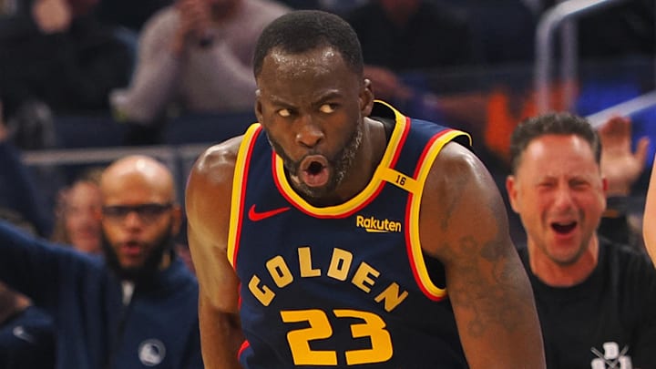 Jan 5, 2025; San Francisco, California, USA; Golden State Warriors forward Draymond Green (23) reacts after a basket against the Sacramento Kings during the second quarter at Chase Center. Mandatory Credit: Kelley L Cox-Imagn Images