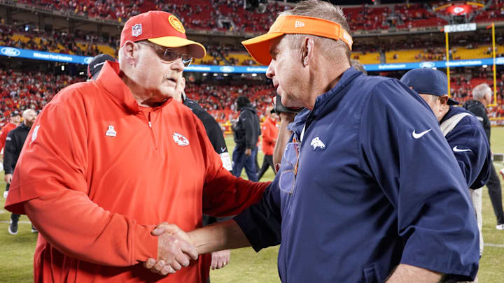 Oct 12, 2023; Kansas City, Missouri, USA; Kansas City Chiefs head coach Andy Reid shakes hands with Denver Broncos head coach Sean Payton after the game at GEHA Field at Arrowhead Stadium.