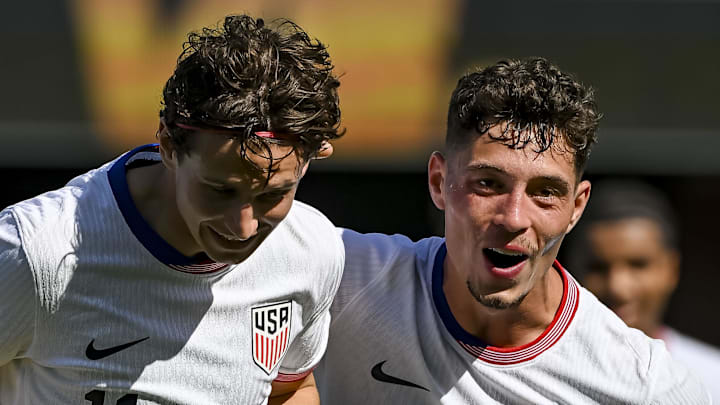Brenden Aaronson (left) and team USA celebrates after scoring the fourth goal of the game during the second half during a group stage match of the 2025 Gold Cup at PayPal Park.