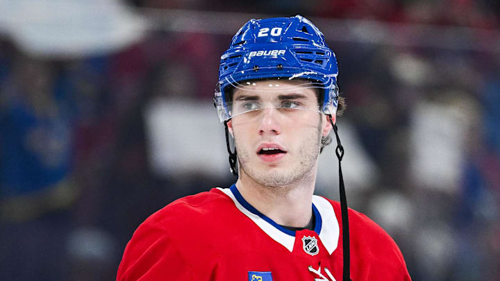 Jan 12, 2026; Montreal, Quebec, CAN; Montreal Canadiens left wing Juraj Slafkovsky (20) looks on during warm-up before the game against the Vancouver Canucks at Bell Centre. Mandatory Credit: David Kirouac-Imagn Images