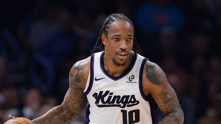 Nov 19, 2025; Oklahoma City, Oklahoma, USA; Sacramento Kings guard DeMar DeRozan (10) dribbles down the court against the Oklahoma City Thunder during the second quarter at Paycom Center.