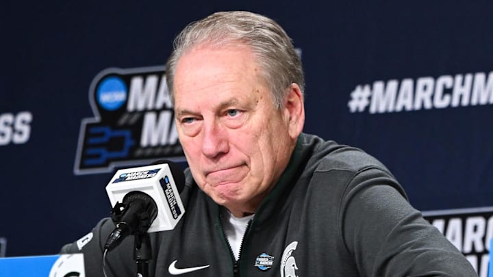 Mar 19, 2026; Buffalo, NY, USA; Michigan State Spartans head coach Tom Izzo speaks at a postgame press conference after the game against the North Dakota State Bison during a first round game of the men's 2026 NCAA Tournament at Keybank Center. Mandatory Credit: Mark Konezny-Imagn Images