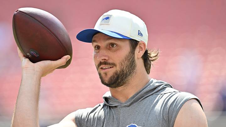 Aug 22, 2026; Cleveland, Ohio, USA; Buffalo Bills quarterback Josh Allen (17) warms up before the game between the Cleveland Browns and the Bills at Huntington Bank Field. Mandatory Credit: Ken Blaze-Imagn Images