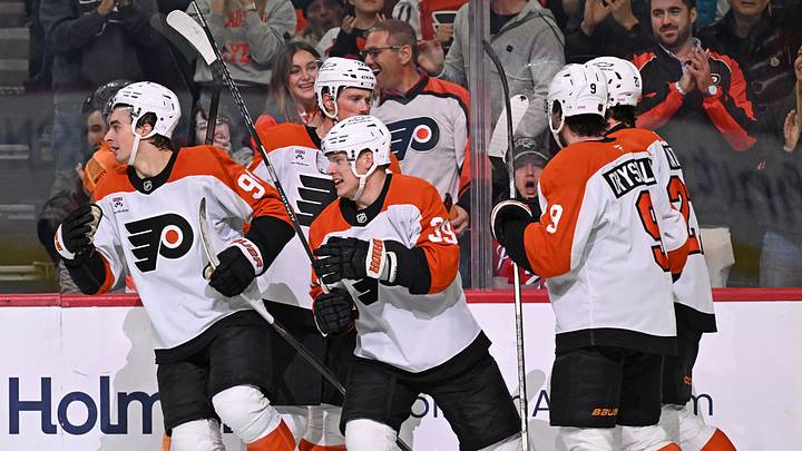Oct 17, 2026; Philadelphia, Pennsylvania, USA; Philadelphia Flyers right wing Porter Martone (94) heads back to the bench with right wing Matvei Michkov (39) after scoring a goal against the Ottawa Senators during the second period at Xfinity Mobile Arena. Oct 17, 2026; Philadelphia, Pennsylvania, USA; Philadelphia Flyers right wing Porter Martone (94) heads back to the bench with right wing Matvei Michkov (39) after scoring a goal against the Ottawa Senators during the second period at Xfinity Mobile Arena.