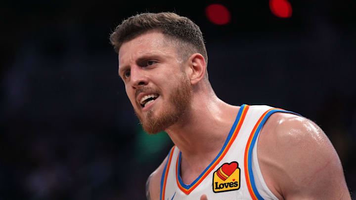 Jan 29, 2025; San Francisco, California, USA; Oklahoma City Thunder center Isaiah Hartenstein (55) reacts after play against the Golden State Warriors in the third quarter at the Chase Center. Mandatory Credit: Cary Edmondson-Imagn Images