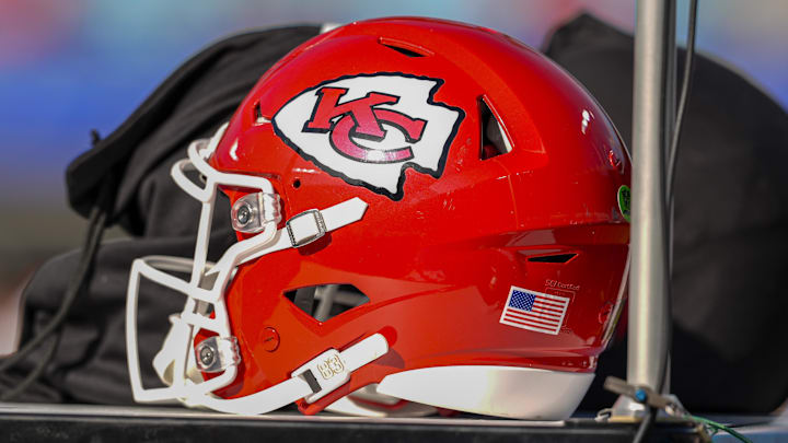 Nov 24, 2024; Charlotte, North Carolina, USA; Kansas City Chiefs helmet during pregame warmups against the Carolina Panthers at Bank of America Stadium. Mandatory Credit: Jim Dedmon-Imagn Images