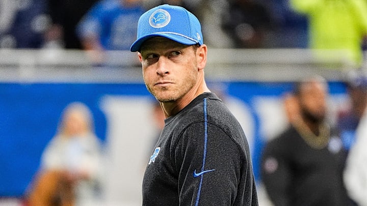 Detroit Lions offensive coordinator Ben Johnson watches warm up before the Tennessee Titans game at Ford Field in Detroit on Sunday, Oct. 27, 2024.