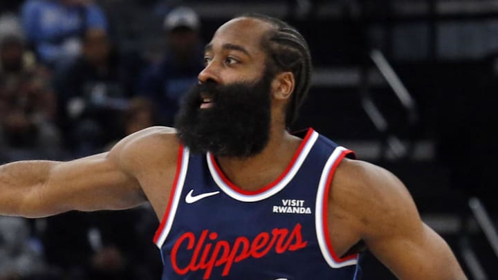 Dec 5, 2025; Memphis, Tennessee, USA; Los Angeles Clippers guard James Harden (1) reacts during the first quarter against the Memphis Grizzlies at FedExForum. Mandatory Credit: Petre Thomas-Imagn Images