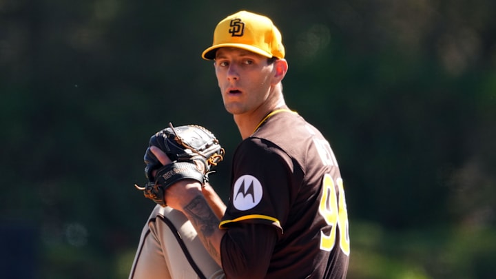 Feb 23, 2025; Phoenix, Arizona, USA; San Diego Padres pitcher Braden Nett (96) pitches against the Los Angeles Dodgers during the first inning at Camelback Ranch-Glendale. Mandatory Credit: Joe Camporeale-Imagn Images