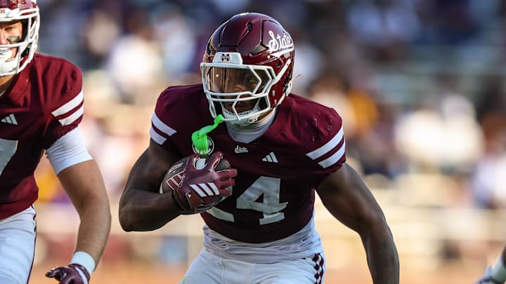 Mississippi State Bulldogs running back Fluff Bothwell (24) runs with the ball against the Alcorn State Braves during the first half at Davis Wade Stadium at Scott Field in Starkville, Miss.