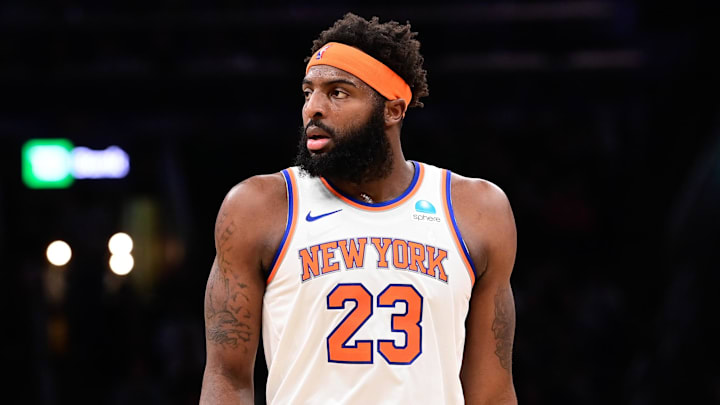 Dec 8, 2023; Boston, Massachusetts, USA;  New York Knicks center Mitchell Robinson (23) looks on during the first half against the Boston Celtics at TD Garden. Mandatory Credit: Eric Canha-Imagn Images