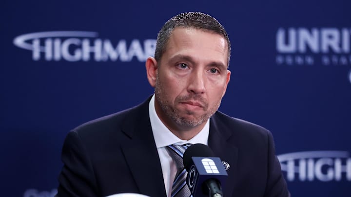 Dec 8, 2025; University Park, PA, USA; Matt Campbell answers questions from the media after being announced as the Penn State Nittany Lions new head coach during a press conference at the Beaver Stadium Press Room. Dec 8, 2025; University Park, PA, USA; Matt Campbell answers questions from the media after being announced as the Penn State Nittany Lions new head coach during a press conference at the Beaver Stadium Press Room.