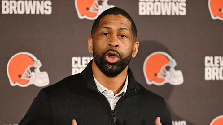 Feb 3, 2026; Berea, OH, USA; Executive vice president, football operations and general manager  Andrew Berry speaks to the media during a press conference to introduce new head coach Todd Monken at CrossCountry Mortgage Campus. Mandatory Credit: Ken Blaze-Imagn Images