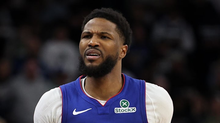Mar 30, 2025; Minneapolis, Minnesota, USA; Detroit Pistons guard Malik Beasley (5) reacts during the second quarter against the Minnesota Timberwolves at Target Center. Mandatory Credit: Matt Krohn-Imagn Images
