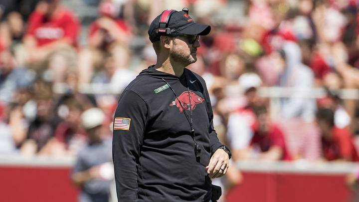 Arkansas Razorbacks coach Ryan Silverfield looks on during the spring game at Donald W. Reynolds Razorback Stadium. Arkansas Razorbacks coach Ryan Silverfield looks on during the spring game at Donald W. Reynolds Razorback Stadium.