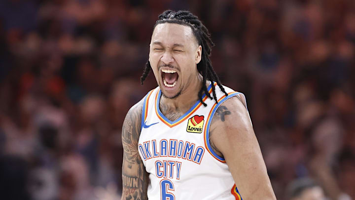 Apr 21, 2024; Oklahoma City, Oklahoma, USA; Oklahoma City Thunder forward Jaylin Williams (6) reacts after scoring a basket against the New Orleans Pelicans during the second quarter of game one of the first round for the 2024 NBA playoffs at Paycom Center. Mandatory Credit: Alonzo Adams-Imagn Images