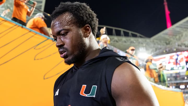 Jan 19, 2026; Miami Gardens, FL, USA; Miami Hurricanes defensive lineman Rueben Bain Jr. (4) against the Indiana Hoosiers during the College Football Playoff National Championship game at Hard Rock Stadium. Mandatory Credit: Mark J. Rebilas-Imagn Images Jan 19, 2026; Miami Gardens, FL, USA; Miami Hurricanes defensive lineman Rueben Bain Jr. (4) against the Indiana Hoosiers during the College Football Playoff National Championship game at Hard Rock Stadium. Mandatory Credit: Mark J. Rebilas-Imagn Images