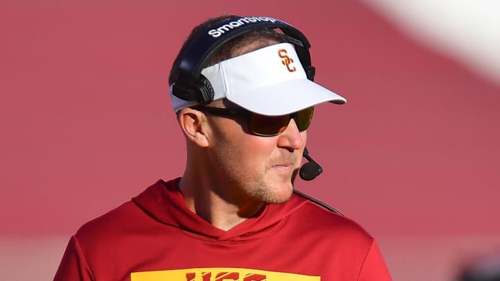 Nov 16, 2024; Los Angeles, California, USA; Southern California Trojans head coach Lincoln Riley watches game action against the Nebraska Cornhuskers during the second half at the Los Angeles Memorial Coliseum. Mandatory Credit: Gary A. Vasquez-Imagn Images