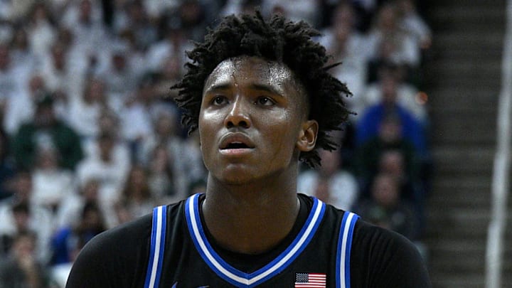 Dec 6, 2025; East Lansing, Michigan, USA;  Duke Blue Devils center Patrick Ngongba (21) during the first half against the Michigan State Spartans at Jack Breslin Student Events Center. Mandatory Credit: Dale Young-Imagn Images
