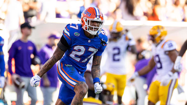 Nov 16, 2024; Gainesville, Florida, USA; Florida Gators defensive back Dijon Johnson (27) celebrates after a defensive stop against the LSU Tigers during the first half at Ben Hill Griffin Stadium. Mandatory Credit: Matt Pendleton-Imagn Images