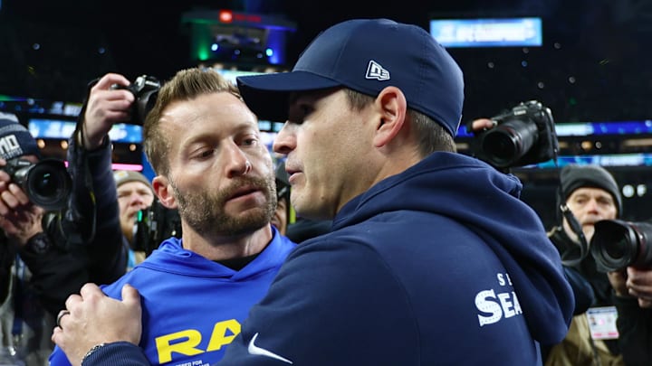 Jan 25, 2026; Seattle, WA, USA; Seattle Seahawks head coach Mike MacDonald greets Los Angeles Rams head coach Sean McVay on field after the 2026 NFC Championship Game at Lumen Field. Mandatory Credit: Kevin Ng-Imagn Images