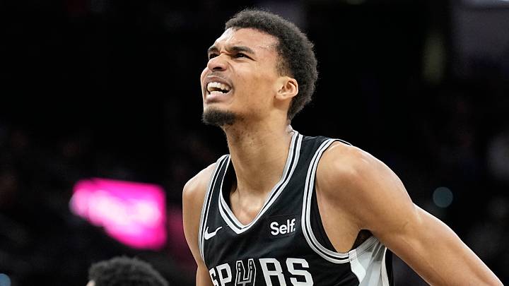 Feb 2, 2024; San Antonio, Texas, USA; San Antonio Spurs forward Victor Wembanyama (1) reacts after getting fouled during the second half against the New Orleans Pelicans at Frost Bank Center. Mandatory Credit: Scott Wachter-USA TODAY Sports
