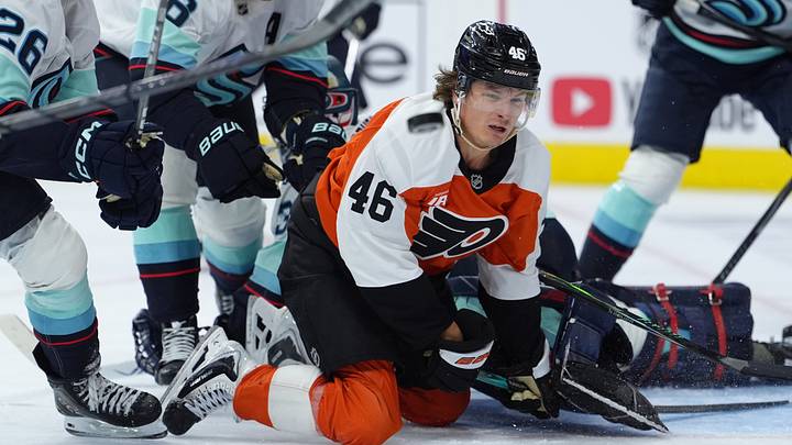 Oct 13, 2026; Philadelphia, Pennsylvania, USA; Philadelphia Flyers center Trevor Zegras (46) reacts after diving for the puck against the Seattle Kraken in the third period at Xfinity Mobile Arena. 