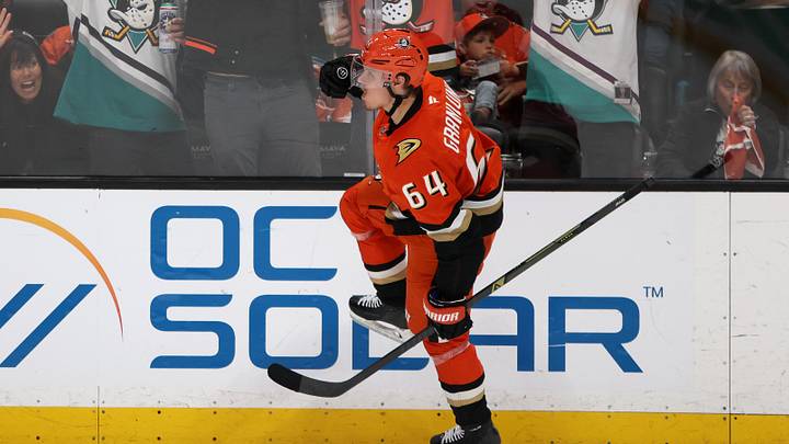 May 14, 2026; Anaheim, California, USA; Anaheim Ducks center Mikael Granlund (64) celebrates after scoring a power-play goal against Vegas Golden Knights during the second period of game six of the second round of the 2026 Stanley Cup Playoffs at Honda Center. Mandatory Credit: Kiyoshi Mio-Imagn Images