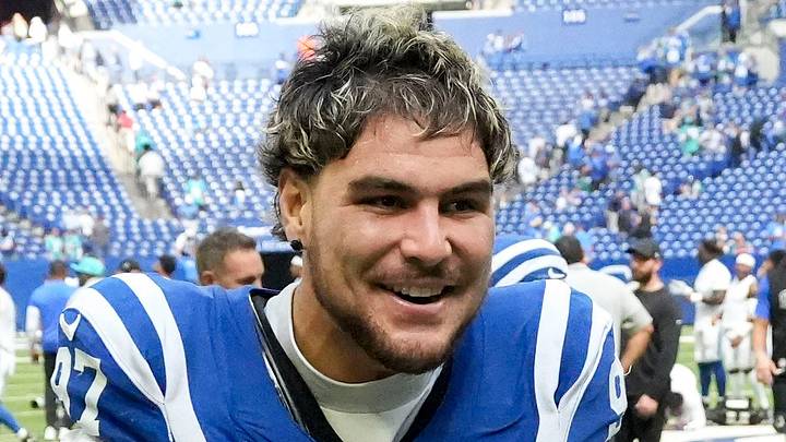 Indianapolis Colts defensive end Laiatu Latu celebrates a win Indianapolis Colts defensive end Laiatu Latu celebrates a win