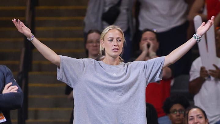 Sep 14, 2025; College Park, Georgia, USA; Indiana Fever guard Sophie Cunningham (8) reacts to a call against the Atlanta Dream in the fourth quarter during game one of round one for the 2025 WNBA Playoffs at Gateway Center Arena at College Park. Mandatory Credit: Brett Davis-Imagn Images

