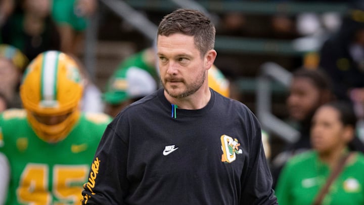 Oregon head coach Dan Lanning takes the field as the No. 9 Oregon Ducks host Washington State Saturday, Oct. 21, 2023, at Autzen Stadium in Eugene, Ore.