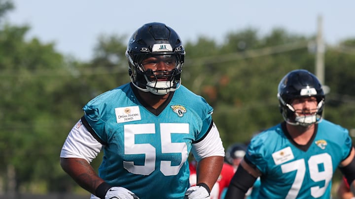 Jul 23, 2025; Jacksonville, FL, USA; Jacksonville Jaguars guard Chuma Edoga (55) participates in training camp at Miller Electric Center. Mandatory Credit: Nathan Ray Seebeck-Imagn Images