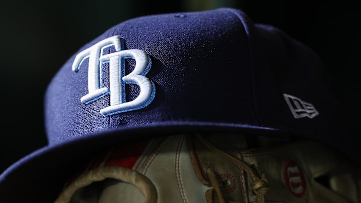 Apr 3, 2023; Washington, District of Columbia, USA; A general view of a Tampa Bay Rays hat and glove during the seventh inning of the game against the Washington Nationals at Nationals Park. 