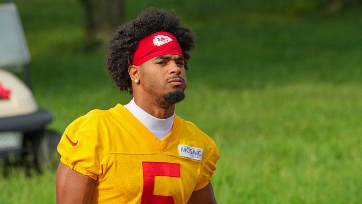 Jul 29, 2026; St. Joseph, MO, USA; Kansas City Chiefs cornerback Mansoor Delane (5) walks down the hill to the fields prior to training camp at Missouri Western State University. Mandatory Credit: Denny Medley-Imagn Images