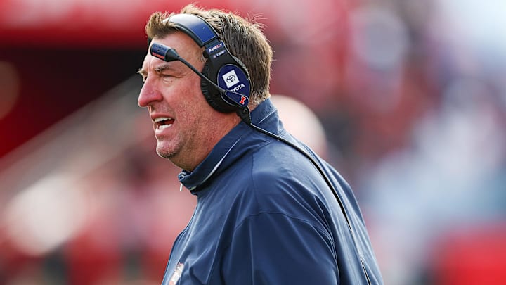 Illinois Fighting Illini head coach Bret Bielema looks on during the first half against the Rutgers Scarlet Knights at SHI Stadium.