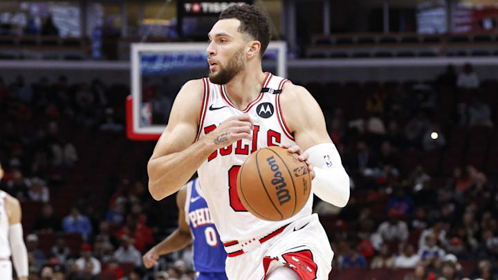 Dec 8, 2024; Chicago, Illinois, USA; Chicago Bulls guard Zach LaVine (8) drives to the basket against the Philadelphia 76ers during the first half at United Center. Mandatory Credit: Kamil Krzaczynski-Imagn Images Dec 8, 2024; Chicago, Illinois, USA; Chicago Bulls guard Zach LaVine (8) drives to the basket against the Philadelphia 76ers during the first half at United Center. Mandatory Credit: Kamil Krzaczynski-Imagn Images