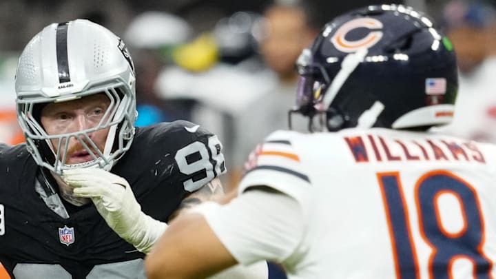 Sep 28, 2025; Paradise, Nevada, USA; Las Vegas Raiders defensive end Maxx Crosby (98) pressures Chicago Bears quarterback Caleb Williams (18) during the second half at Allegiant Stadium. Mandatory Credit: Stephen R. Sylvanie-Imagn Images Sep 28, 2025; Paradise, Nevada, USA; Las Vegas Raiders defensive end Maxx Crosby (98) pressures Chicago Bears quarterback Caleb Williams (18) during the second half at Allegiant Stadium. Mandatory Credit: Stephen R. Sylvanie-Imagn Images