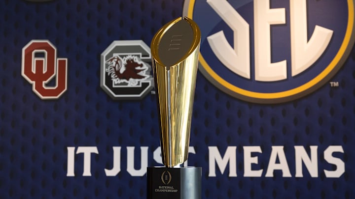 Jul 16, 2024; Dallas, TX, USA; The National Championship trophy at Omni Dallas Hotel. Mandatory Credit: Brett Patzke-Imagn Images