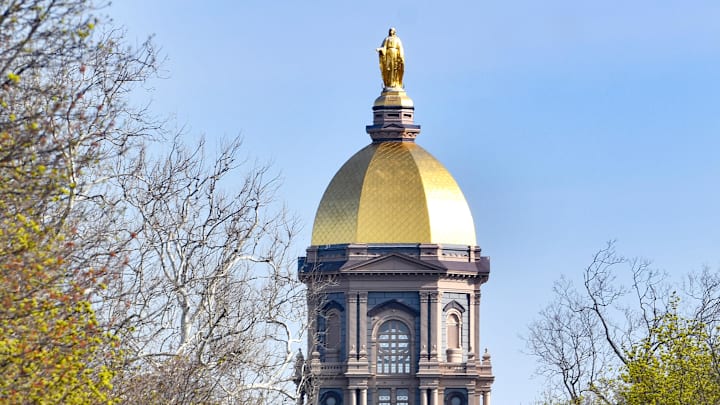 Apr 23, 2022; Notre Dame, Indiana, USA; The University of Notre Dame main building and golden dome seen before the annual Blue-Gold game at Notre Dame Stadium.