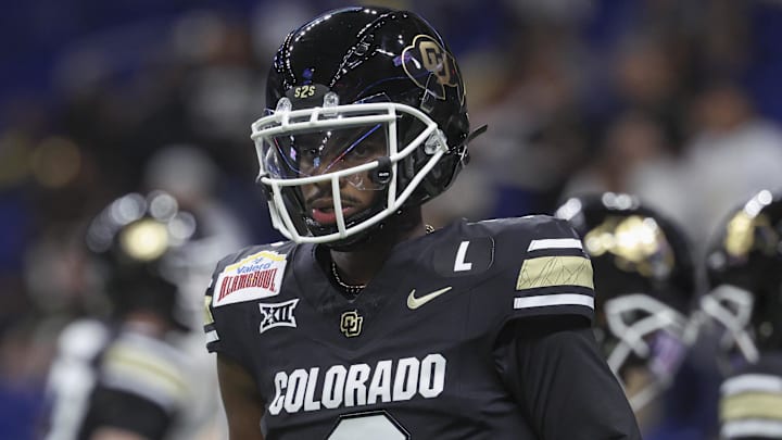 Dec 28, 2024; San Antonio, TX, USA; Colorado Buffaloes quarterback Shedeur Sanders (2) warms up before the game against the Brigham Young Cougars at Alamodome. Mandatory Credit: Troy Taormina-Imagn Images