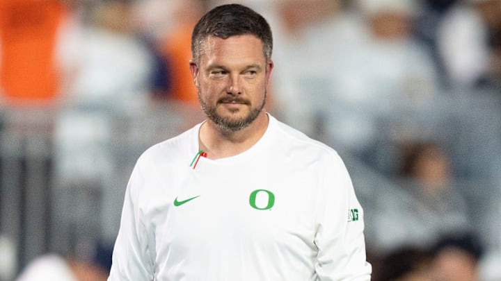 Oregon head coach Dan Lanning walks the field during warmups as the Oregon Ducks face the Penn State Nittany Lions on Sept. 27, 2025, at Beaver Stadium in University Park, Pennsylvania.