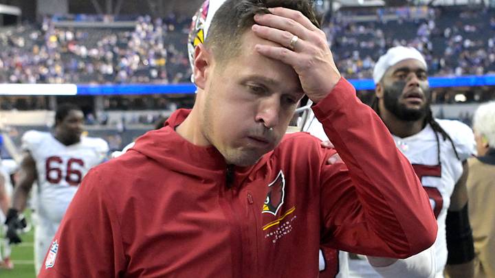 Oct 18, 2026; Inglewood, California, USA;  Arizona Cardinals head coach Mike LaFleur takes a deep breath as he walks off the field after defeating the Los Angeles Rams at SoFi Stadium. Mandatory Credit: Jayne Kamin-Oncea-Imagn Images
